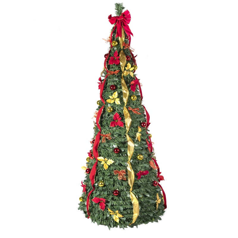 Prelit Full Pop Up Christmas Tree With Warm LED Lights, Gold And Red Ribbon, Bows, Balls Ornaments Easy Assemble Collapsible Xmas Trees Holiday Party Decor