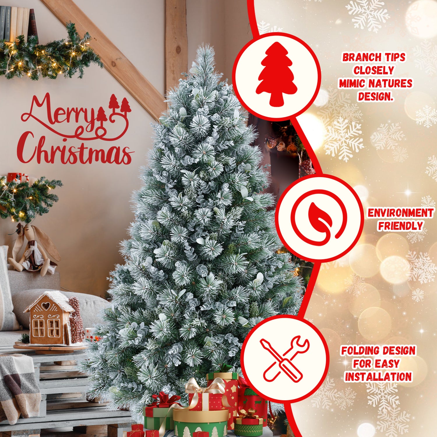 4FT Snow Flocked Christmas Tree Premium Artificial Christmas Tree With 404 Mixed PE Leaves & Tips, Small Realistic Full Pine Unlit Faux Xmas Tree With Snow For Home Office Holiday Decor
