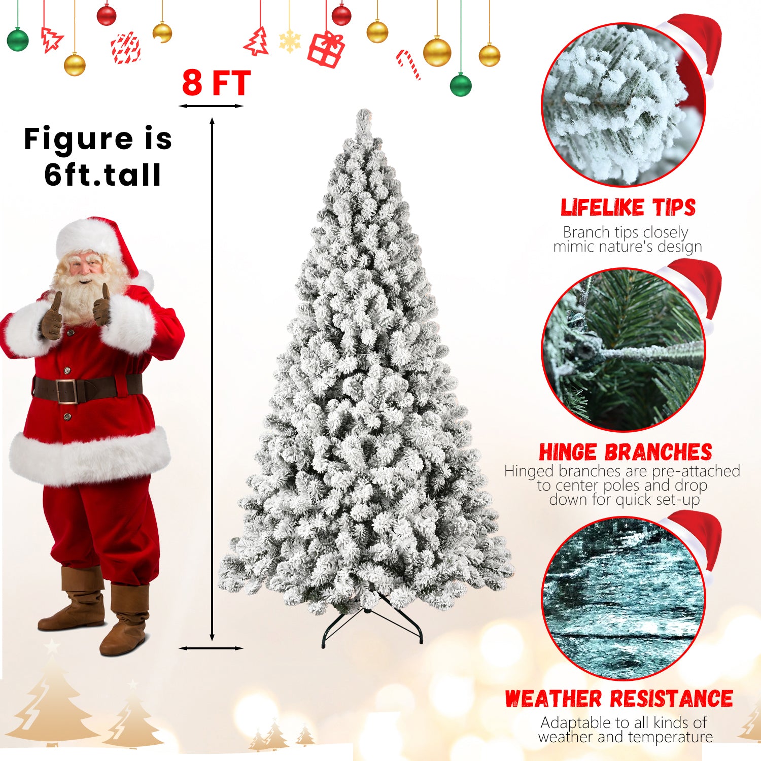 5ft 6ft 8ft 9ft Pre-Lit Flocked Christmas Tree Hinged Artificial Xmas Trees Premium PVC Branches With Lights