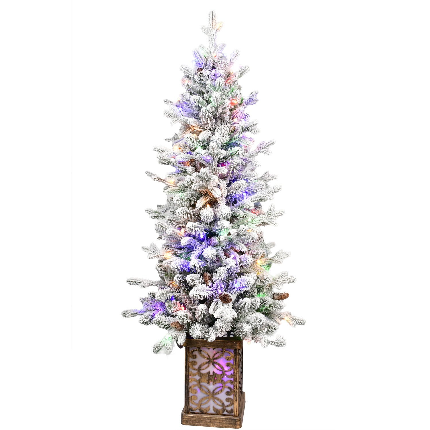 4ft Pre-lit Potted Porch Christmas Tree Small Slim Christmas Tree With Multicolor Lights Twinkle Potted Xmas Tree With Mixed PE, Metal Glint Basin, 8 Color Mode For Entrance, Yard,Pathway Decor