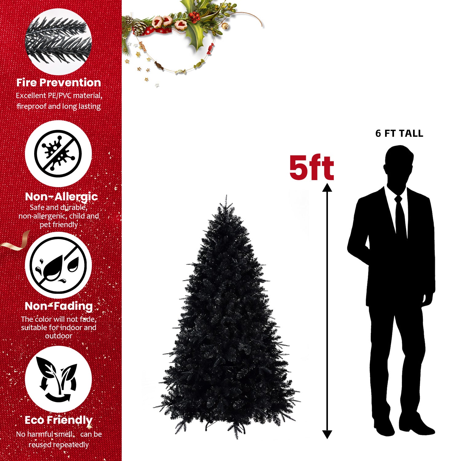 Prelit Black Christmas Tree With White Lights Artificial Fake Christmas Tree With PE&PVC Branch Tips For Halloween And Xmas Tree For Holiday Decorations, Metal Stand And Hinged Branches