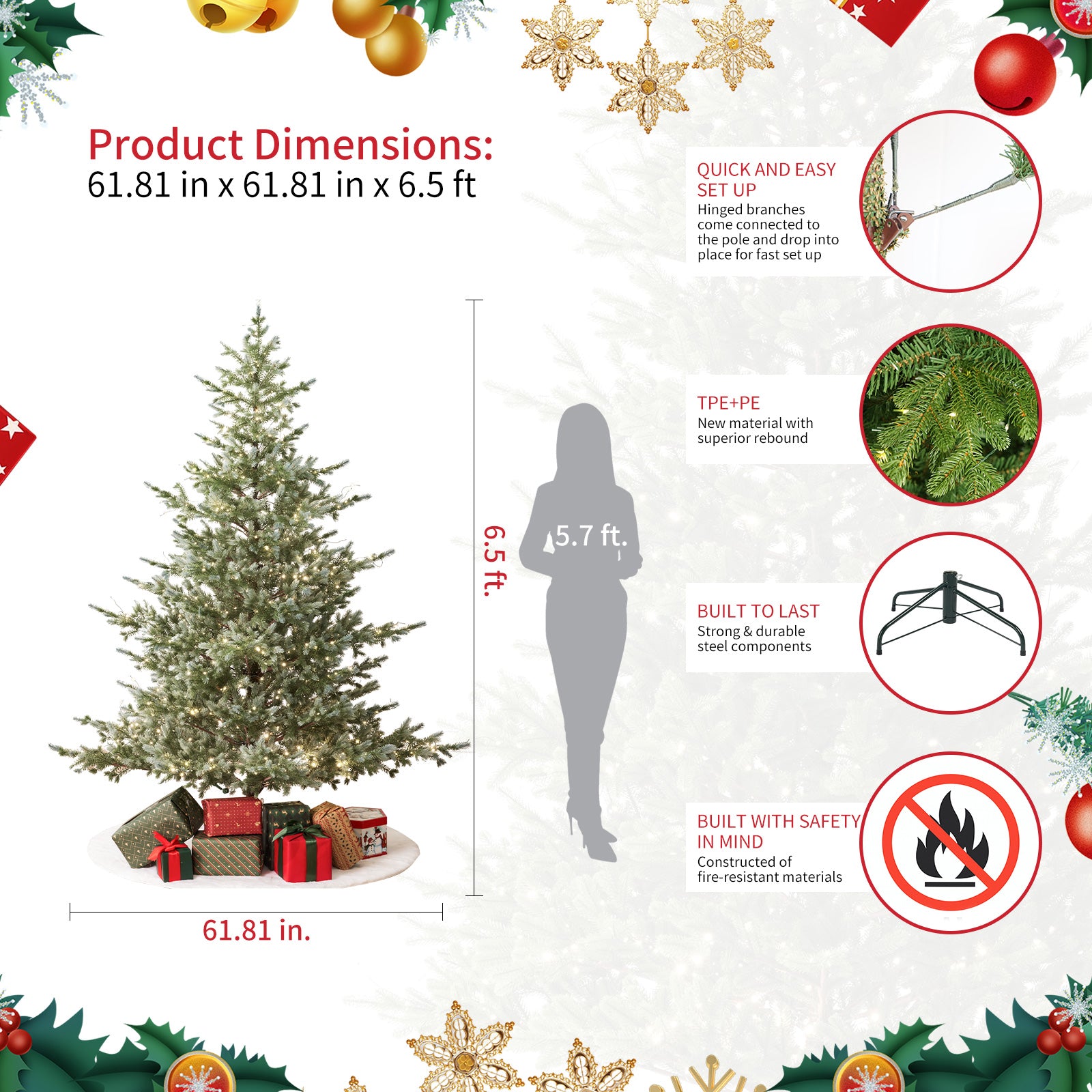 Colorado Blue Spruce 7.5ft Christmas Tree Pre-Lit Artificial Full With 4,076 Branch Tips & 1,518 Low-Voltage Warm LED Lights, Foldable Stand & Realistic Flame-Resistant Branches