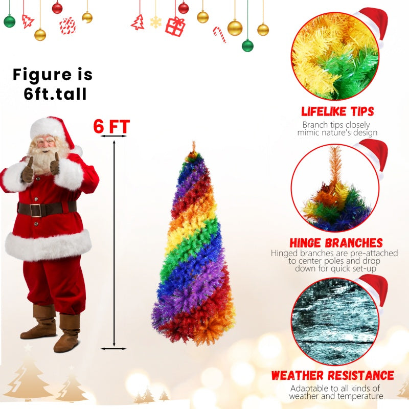 6FT 7.5FT Artificial Colorful Rainbow Christmas Tree, Hinged Xmas Tree With PVC Branch Tips