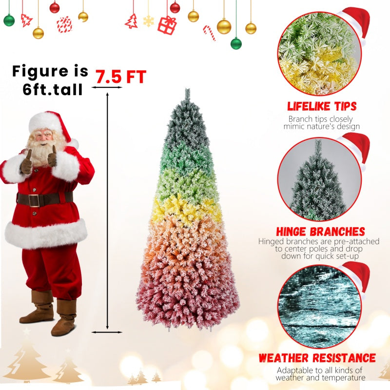 6FT 7.5FT Artificial Unlit Colorful Rainbow Hinged Christmas Tree, WITH PVC Branch Tips