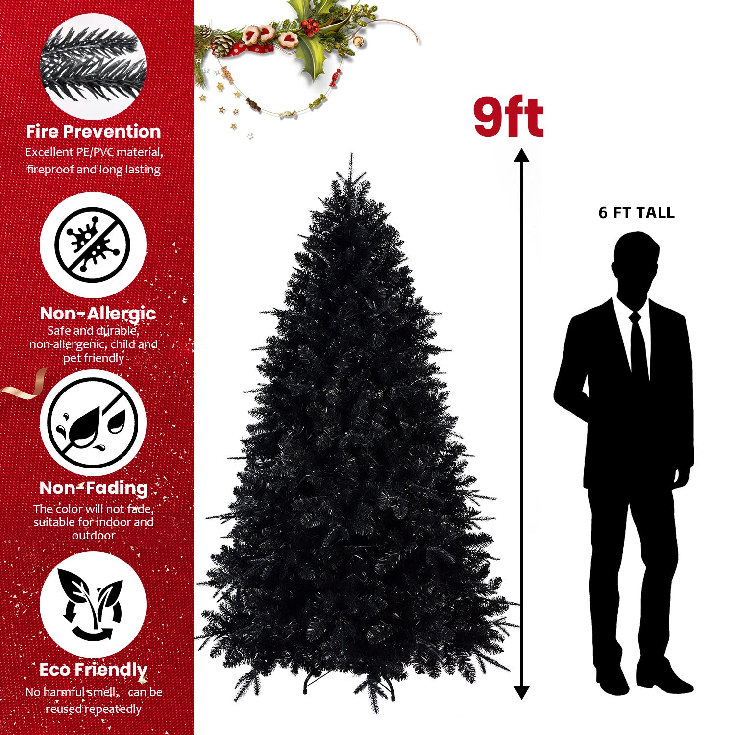 Prelit Black Christmas Tree With White Lights Artificial Fake Christmas Tree With PE&PVC Branch Tips For Halloween And Xmas Tree For Holiday Decorations, Metal Stand And Hinged Branches