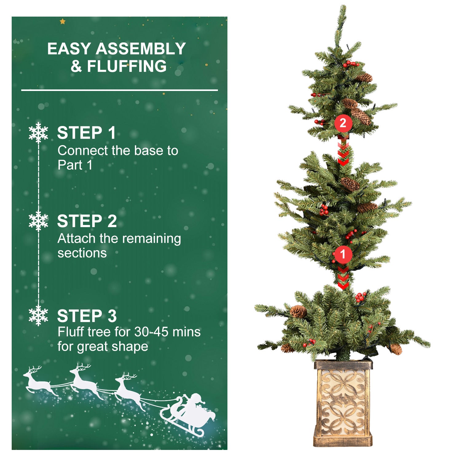 4ft Pre-lit Potted Porch Christmas Tree, Small Slim Christmas Tree With Multicolor Lights, Twinkle Potted Xmas Tree With Mixed PE, Metal Glint Basin, 8 Color Mode For Entrance, Yard,Pathway Decor