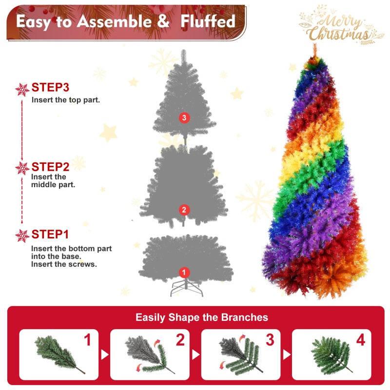 6FT 7.5FT Artificial Colorful Rainbow Christmas Tree, Hinged Xmas Tree With PVC Branch Tips