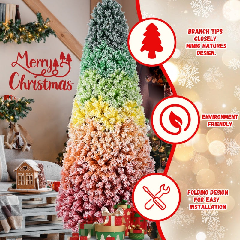 6FT 7.5FT Artificial Unlit Colorful Rainbow Hinged Christmas Tree, WITH PVC Branch Tips