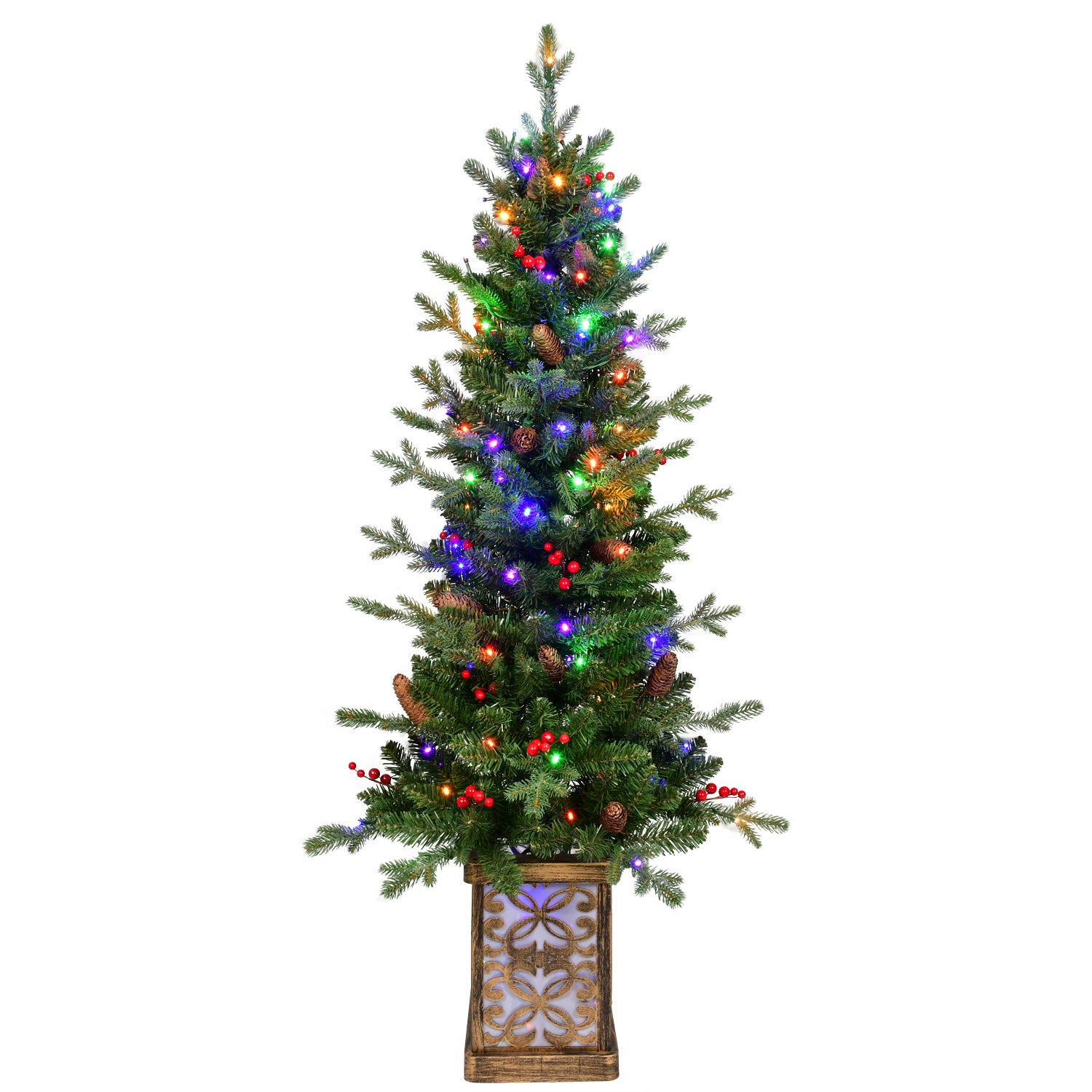 4ft Pre-lit Potted Porch Christmas Tree, Small Slim Christmas Tree With Multicolor Lights, Twinkle Potted Xmas Tree With Mixed PE, Metal Glint Basin, 8 Color Mode For Entrance, Yard,Pathway Decor